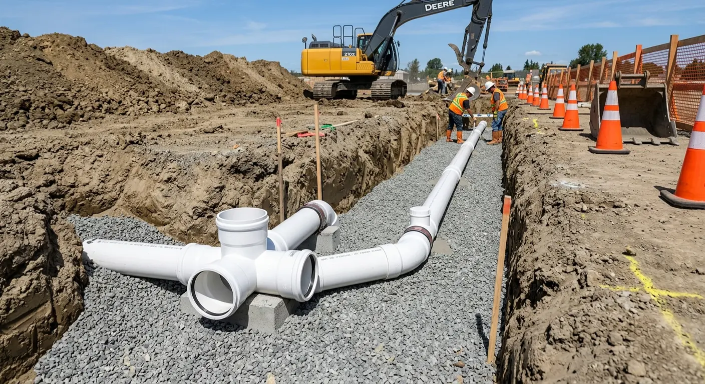 New PVC sewer pipe installation in open trench for Sewer Backup in Roanoke