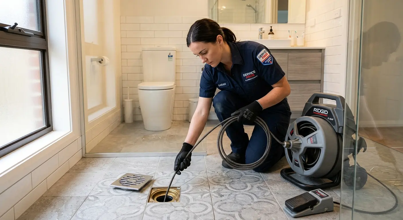 Technician clearing a bathroom floor drain for Hydro Jetting in Roanoke